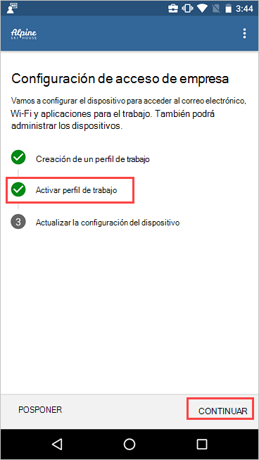 Captura de pantalla del programa de instalación de acceso de empresa que muestra que el perfil de trabajo está activo.