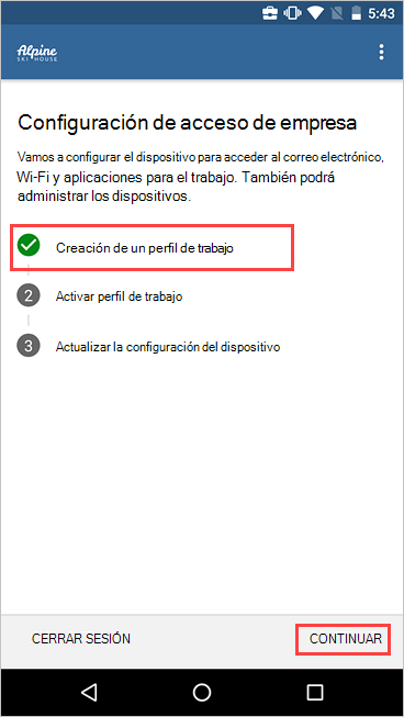 Captura de pantalla del programa de instalación de acceso de empresa que muestra que se ha creado el perfil de trabajo.