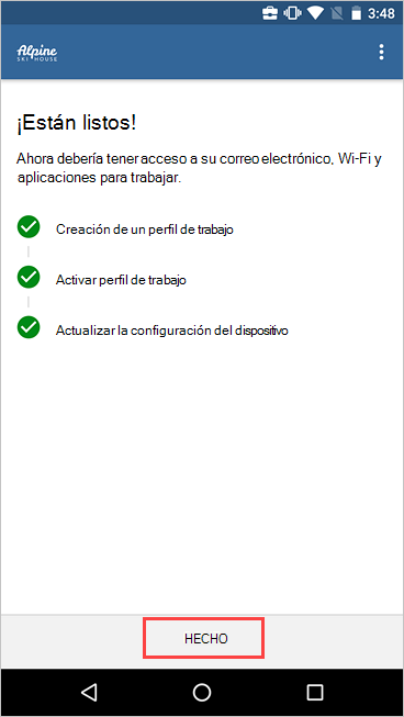 Captura de pantalla de la pantalla configuración de acceso a la empresa de Portal de empresa, en la que se muestra la configuración completada y se resalta el botón Listo.