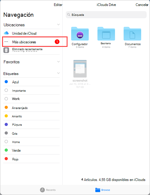 Captura de pantalla de ejemplo de iCloud Drive, menú Examinar que resalta la opción Más ubicaciones.