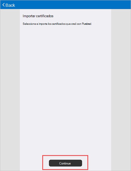 Captura de pantalla de ejemplo de la pantalla Establecer certificados de importación de Portal de empresa.