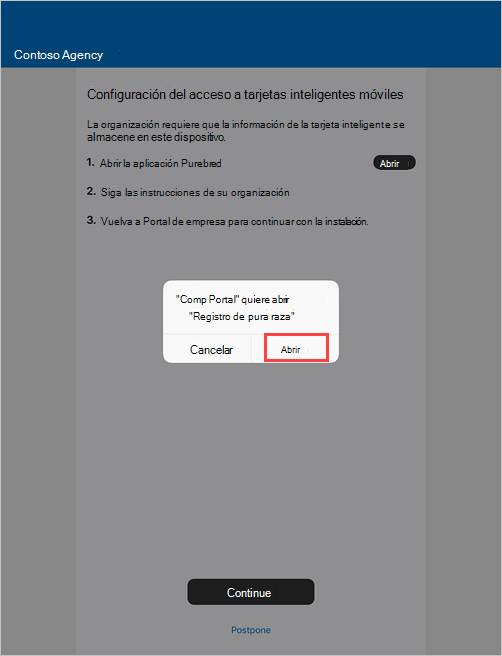 Captura de pantalla de ejemplo del símbolo del sistema de Portal de empresa para abrir la aplicación DISA Purebred.