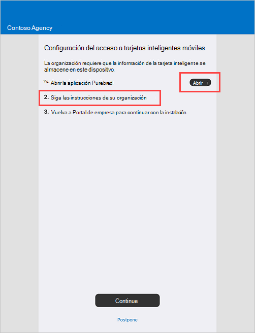 Captura de pantalla de ejemplo de la pantalla de acceso Portal de empresa Configurar tarjeta inteligente móvil.