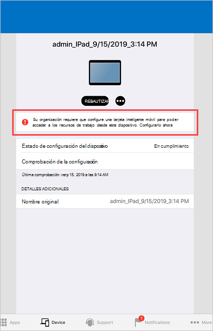 Captura de pantalla de ejemplo de la notificación de inserción de Portal de empresa en la pantalla principal del dispositivo.