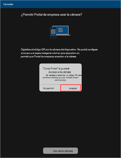 Captura de pantalla de ejemplo de un símbolo del sistema de Portal de empresa, solicitando permiso para permitir el acceso a la cámara.