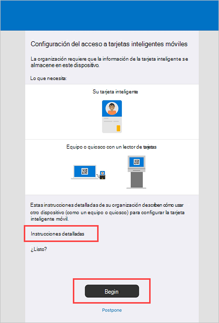 Captura de pantalla de ejemplo de la pantalla de acceso Portal de empresa Configurar tarjeta inteligente móvil.