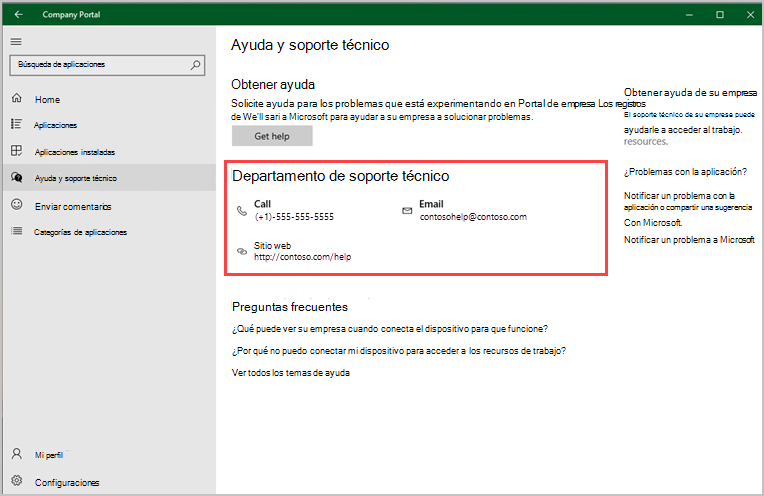 Captura de pantalla de la aplicación Portal de empresa para Windows, página Ayuda & Soporte técnico, resaltando la sección Departamento de soporte técnico.