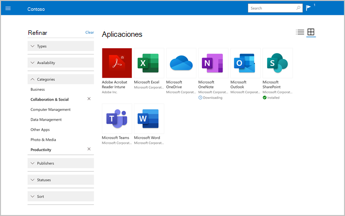 Captura de pantalla de Portal de empresa sitio web, página Aplicaciones, en la que se muestran las opciones De refinar.