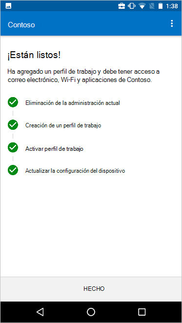 En la pantalla Mover a la nueva configuración de administración de dispositivos, se muestra que se han completado todos los pasos.