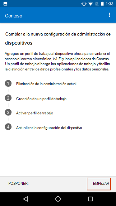 La pantalla Mover a la nueva configuración de administración de dispositivos, resaltando el botón comenzar.