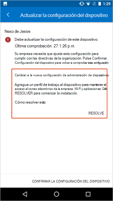 En la pantalla Actualizar configuración del dispositivo, se resalta el mensaje de configuración de la administración de dispositivos.