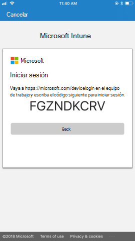 Se proporcionan instrucciones para ir a la https://microsoft.com/devicelogin página, con un código de acceso único, desde el equipo de trabajo y, a continuación, para usar el código para iniciar sesión.