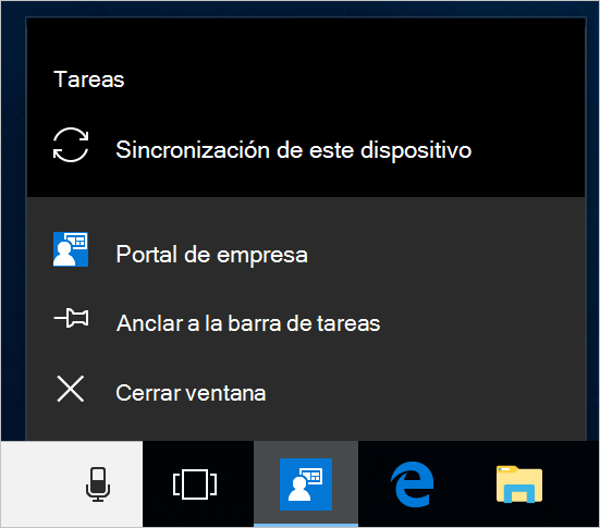 Captura de pantalla de la barra de tareas de Windows en el escritorio de un dispositivo. Portal de empresa icono de aplicación se seleccionó y muestra un menú con las opciones 