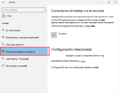 Captura de pantalla de la sección Configuración de la cuenta de la aplicación configuración que resalta la opción Acceso profesional o educativo con un rectángulo rojo.