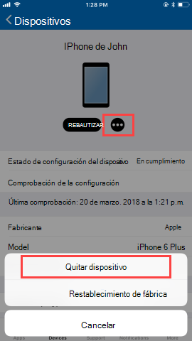 Captura de pantalla de la pantalla Dispositivos de Portal de empresa aplicación, en la que se muestran las opciones después de que el usuario haya hecho clic en Quitar. Muestra el botón 