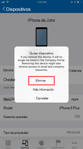 Captura de pantalla de la pantalla Dispositivos de Portal de empresa aplicación, en la que se muestran las opciones después de que el usuario haya hecho clic en el botón Quitar dispositivo. Muestra el botón rojo resaltado 