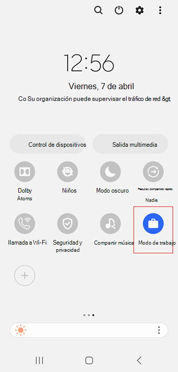 Captura de pantalla del icono de perfil de trabajo activado en la configuración rápida de Samsung Galaxy S20.