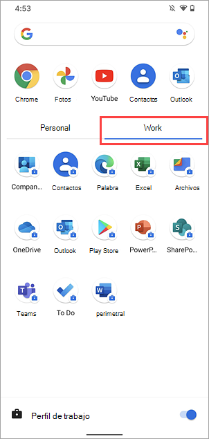 Captura de pantalla de la pestaña de trabajo en el cajón de aplicaciones de Google Pixel 4