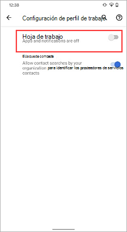 Captura de pantalla del botón de alternancia Perfil de trabajo desactivado en la configuración del dispositivo Google Pixel 4.