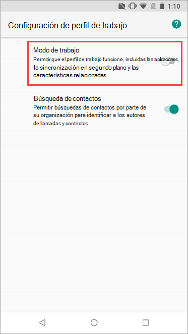 Captura de pantalla del conmutador de alternancia perfil de trabajo activado en la configuración del dispositivo Nexus 5X.