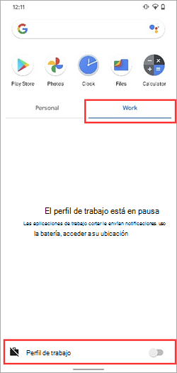 Captura de pantalla del botón de alternancia de Perfil de trabajo desactivado en el cajón de aplicaciones de Samsung Galaxy S20