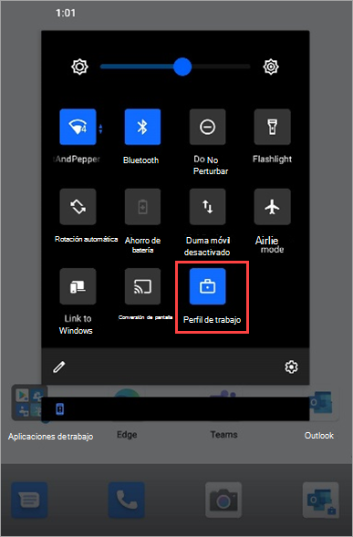 Captura de pantalla del icono del perfil de trabajo activado en la configuración rápida de Surface Duo.