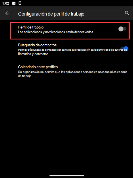 Captura de pantalla del botón de alternancia Perfil de trabajo desactivado en la configuración del dispositivo Surface Duo.