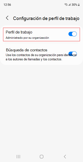 Captura de pantalla del botón de alternancia perfil de trabajo activado en la configuración del dispositivo Samsung Galaxy S20.