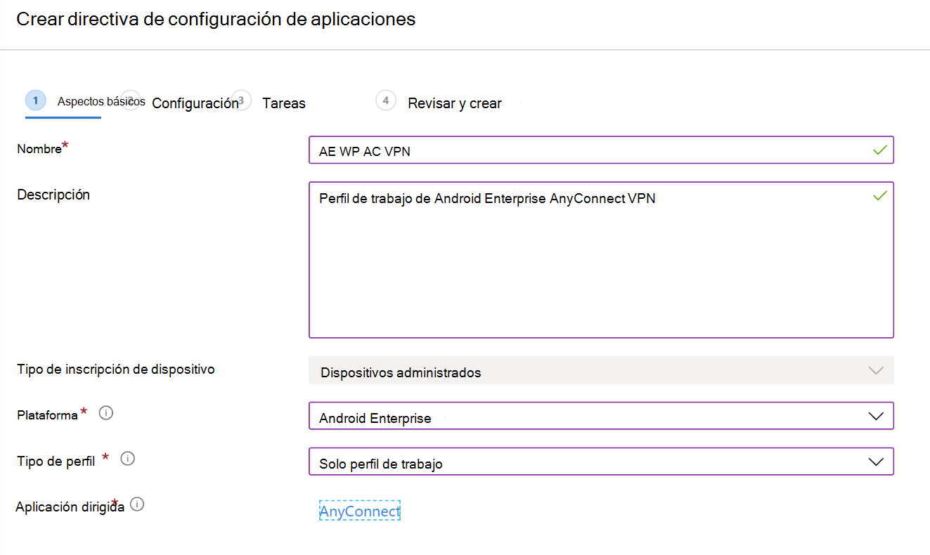 Creación de una directiva de configuración de aplicaciones para configurar VPN o VPN por aplicación en Microsoft Intune