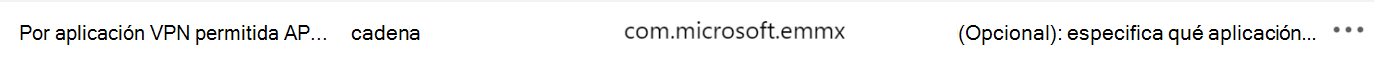 Escriba los identificadores de paquete de aplicación permitidos en una directiva de configuración de aplicaciones VPN en Microsoft Intune mediante el Diseñador de configuración, ejemplo.