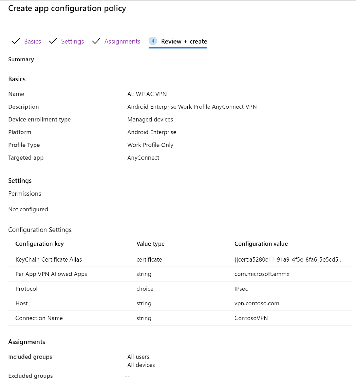 Revise la directiva de configuración de la aplicación mediante el ejemplo flujo del Diseñador de configuración en Microsoft Intune.