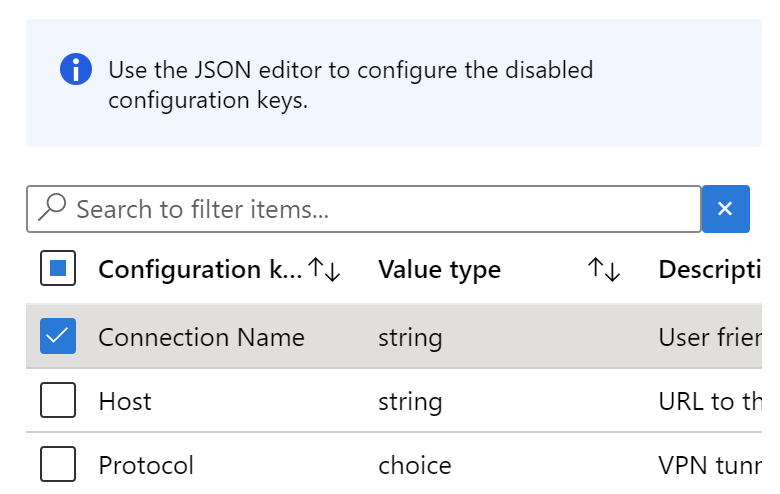 En el Diseñador de configuración, seleccione cualquier clave con un tipo de valor de cadena en la directiva de configuración de aplicaciones VPN de Microsoft Intune.