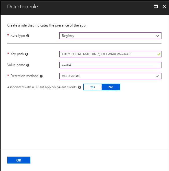 Captura de pantalla del panel Regla de detección: el valor del Registro existe.