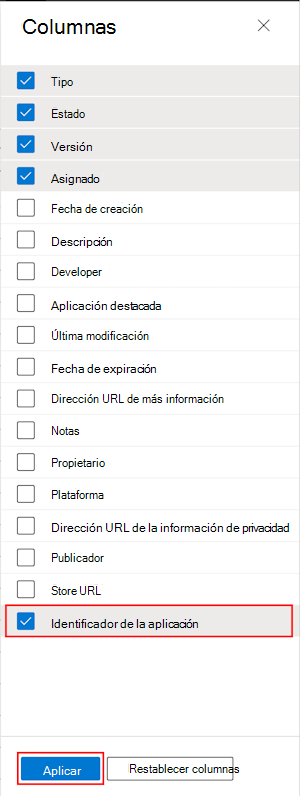 Captura de pantalla que muestra cómo seleccionar la columna Id. de lote de aplicaciones en Todas las aplicaciones de Microsoft Intune y el Centro de administración de Intune.