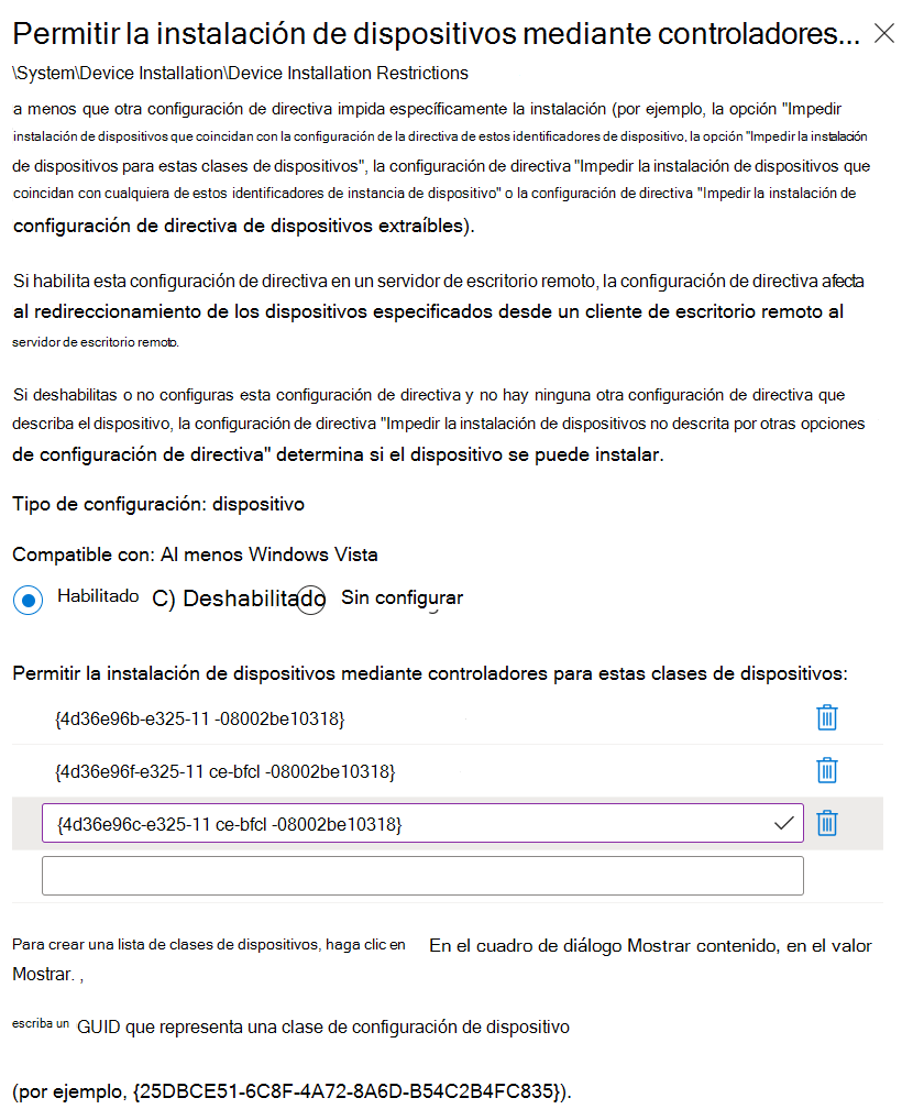 Captura de pantalla que muestra cómo usar Microsoft Intune para establecer la opción Permitir la instalación de dispositivos mediante controladores que coincidan con estas clases de configuración de dispositivos con los GUID de clase.