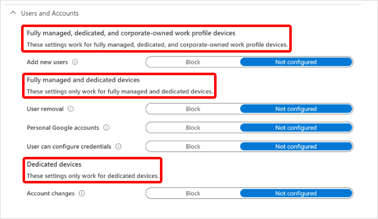 Captura de pantalla que muestra los encabezados de configuración Usuarios y cuentas de Android Enterprise y los tipos de inscripción a los que se aplican en Microsoft Intune.