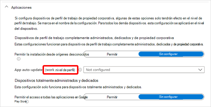 Captura de pantalla que muestra la configuración de la aplicación Android Enterprise que se aplica en el nivel de perfil de trabajo de propiedad corporativa en Microsoft Intune.