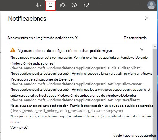 Captura de pantalla que muestra notificaciones con información adicional cuando se crea la directiva en Microsoft Intune.