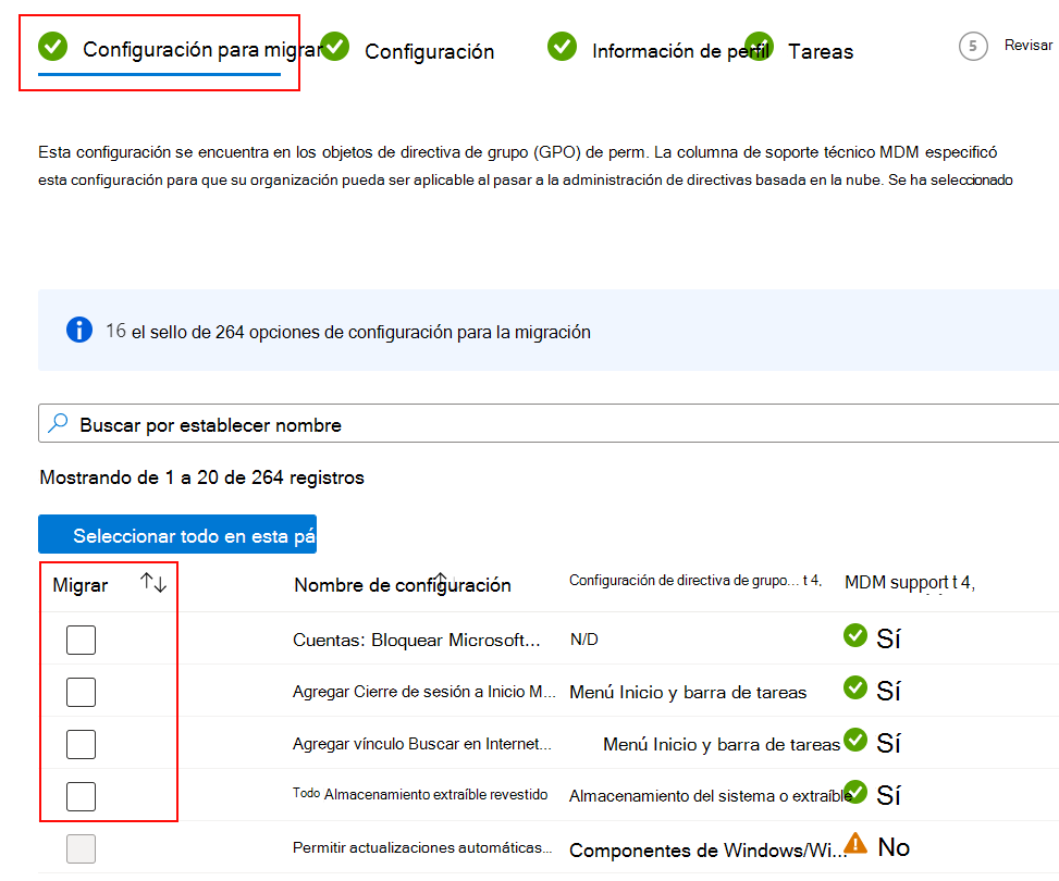 Captura de pantalla que muestra la configuración que se va a migrar y cómo seleccionar la casilla Migrar en Microsoft Intune.