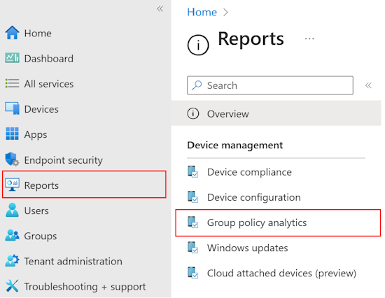 Captura de pantalla que muestra cómo revisar el informe y la salida de los GPO importados mediante directiva de grupo análisis en Microsoft Intune y Intune centro de administración.