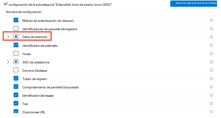 Captura de pantalla que muestra el selector configuración del catálogo de configuración y seleccionando autenticación y datos de extensión en Microsoft Intune.