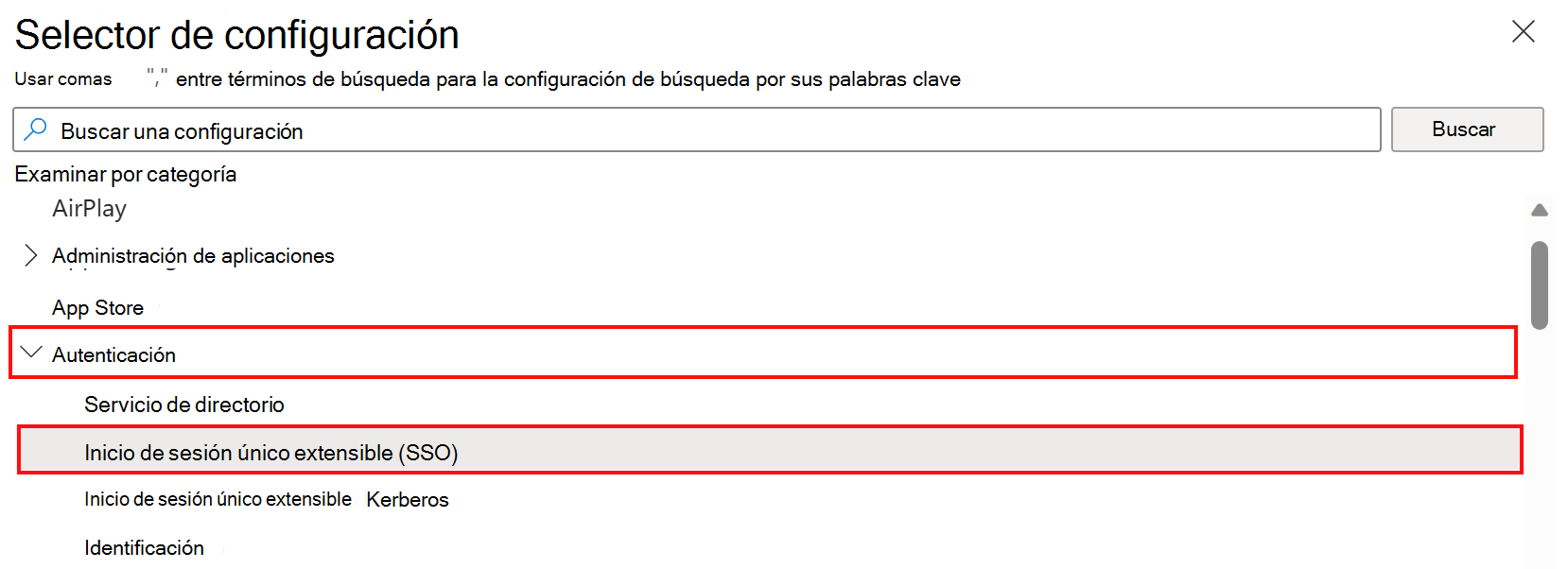 Captura de pantalla que muestra el selector de configuración del catálogo de configuración y la selección de la categoría autenticación y sso extensible en Microsoft Intune.