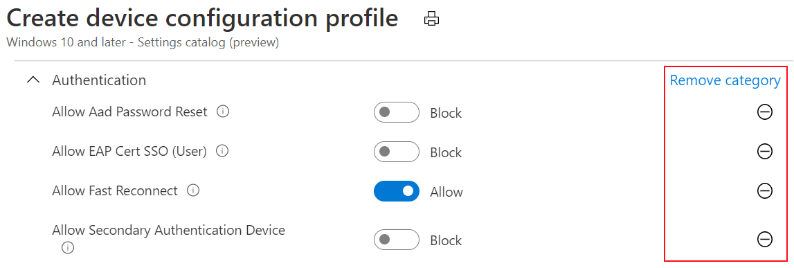 Captura de pantalla que muestra el Catálogo de configuración y que los valores predeterminados de Microsoft Intune y el Centro de administración de Intune son los mismos que los valores predeterminados del sistema operativo.