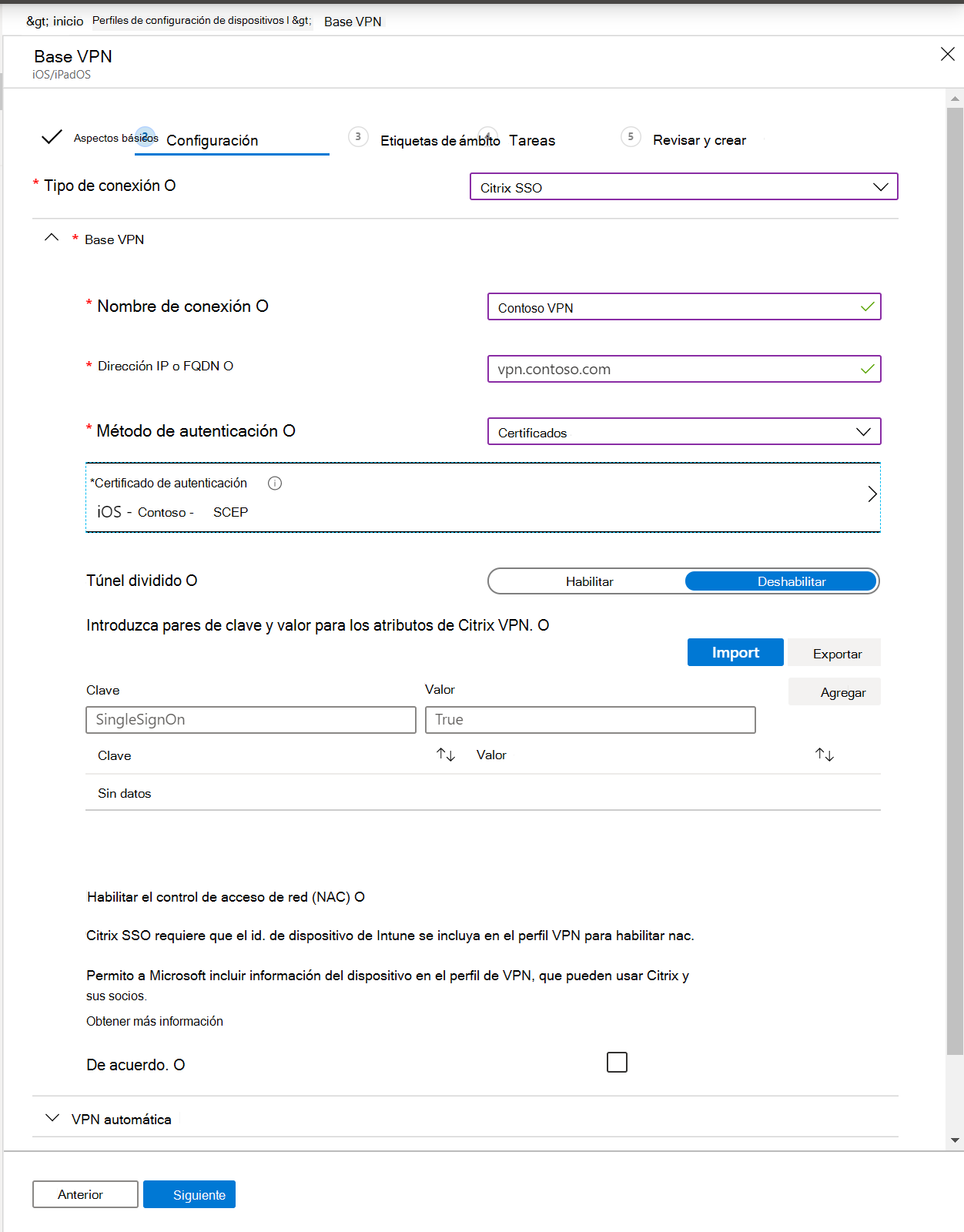 Captura de pantalla que muestra un perfil de VPN por aplicación, una dirección IP o un FQDN, un método de autenticación y una tunelización dividida en Microsoft Intune y Intune centro de administración.