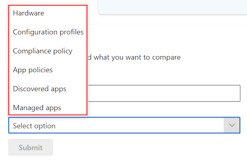 Captura de pantalla que muestra el símbolo del sistema de comparación de Copilot después de seleccionar un dispositivo en Microsoft Intune o Intune centro de administración.