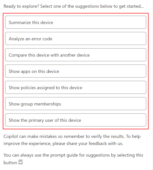 Captura de pantalla que muestra las solicitudes de ejemplo de Copilot después de seleccionar un dispositivo en Microsoft Intune o Intune centro de administración.