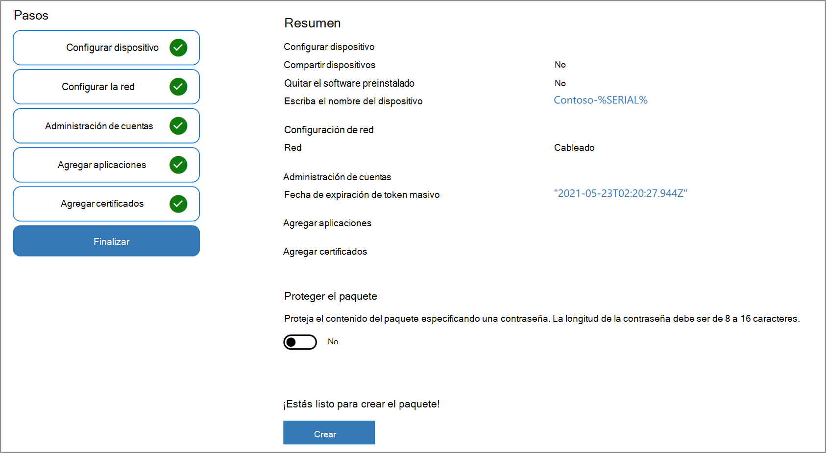 Captura de pantalla de la protección de paquetes en la aplicación de Designer configuración de Windows