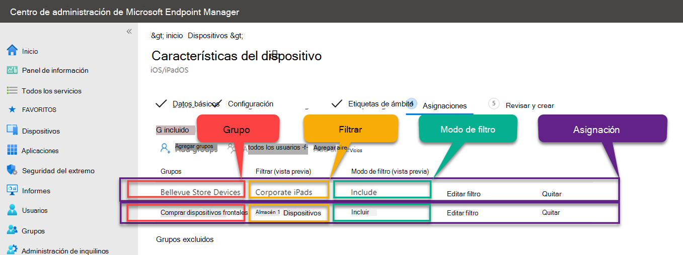 Captura de pantalla que muestra un conflicto de asignación de ejemplo al usar filtros en Microsoft Intune.