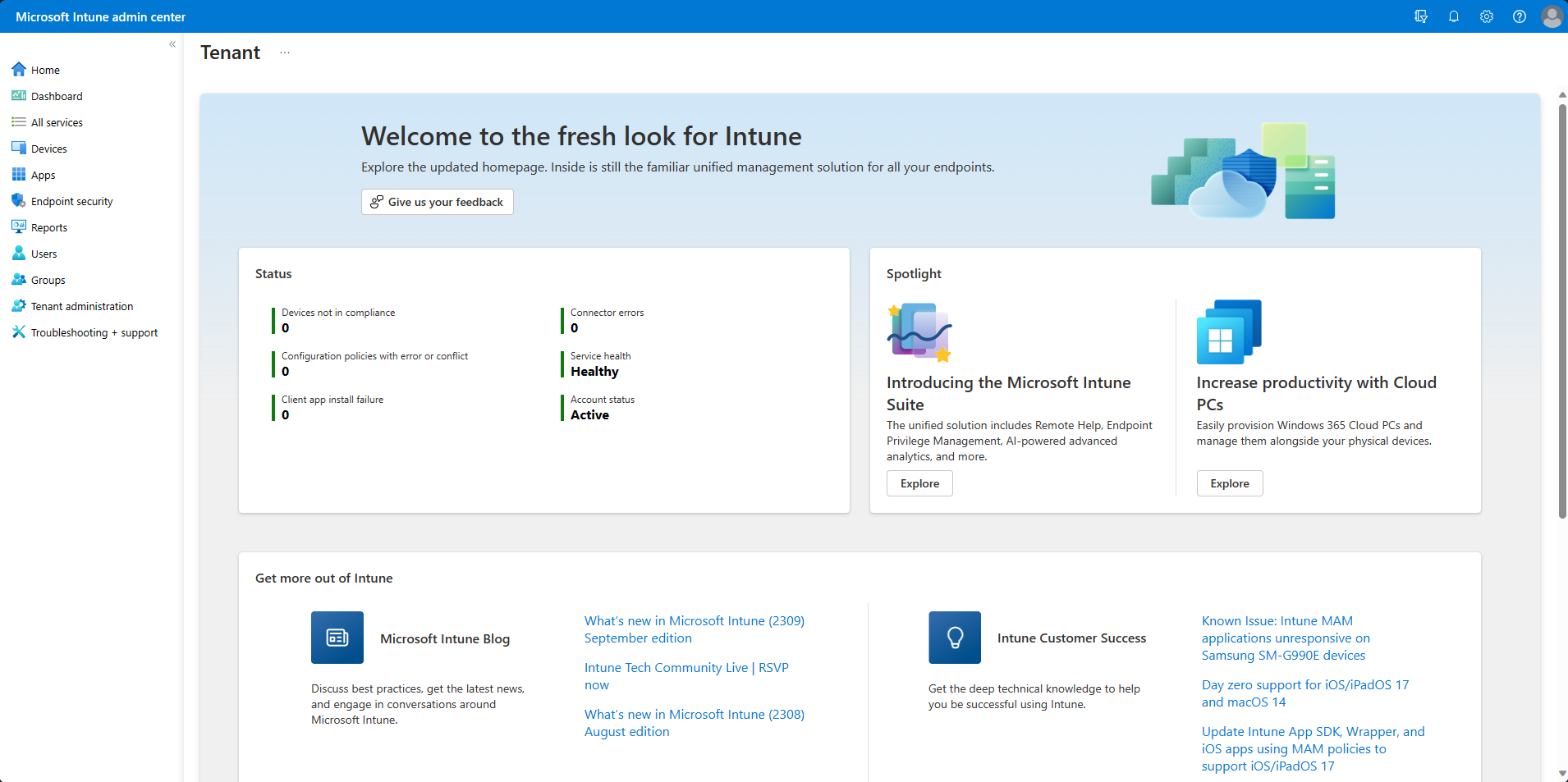 En la página Inicio, seleccione directivas con errores o conflictos para ver los errores o conflictos con los perfiles de configuración de dispositivos en Microsoft Intune y el Centro de administración de Intune.