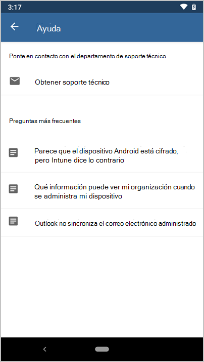 Captura de pantalla de la pantalla de ayuda de la aplicación Microsoft Intune.